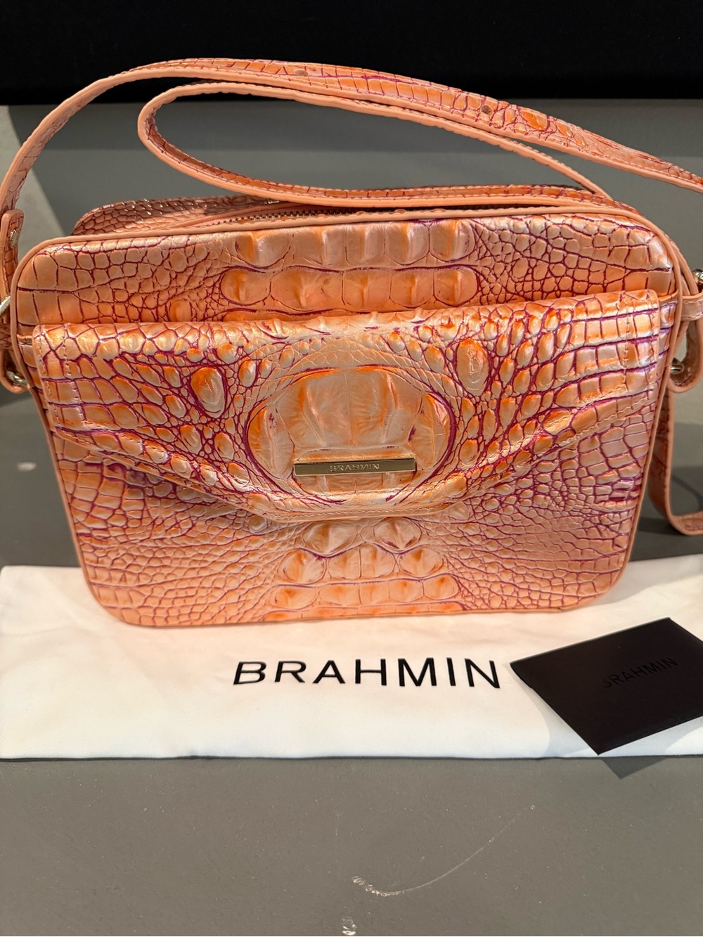 Brahmin Iridescent Apricot Rose Croc-Embossed Leather Bag